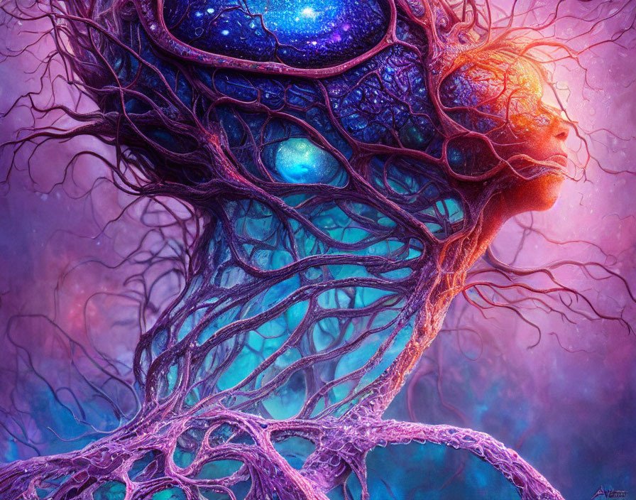 Vibrant digital artwork: surreal female figure merging with cosmic tree