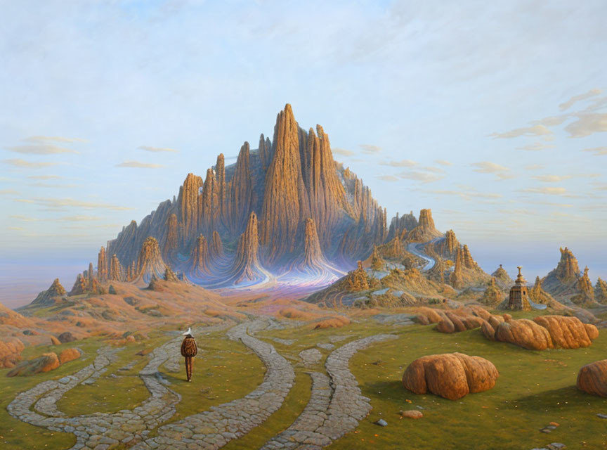 Knight walking on winding path towards mystical mountains in grassy landscape.