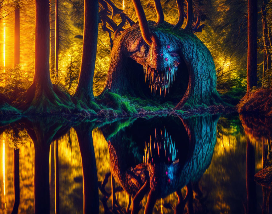 Surreal forest scene with tree trunk mouth and golden light reflection