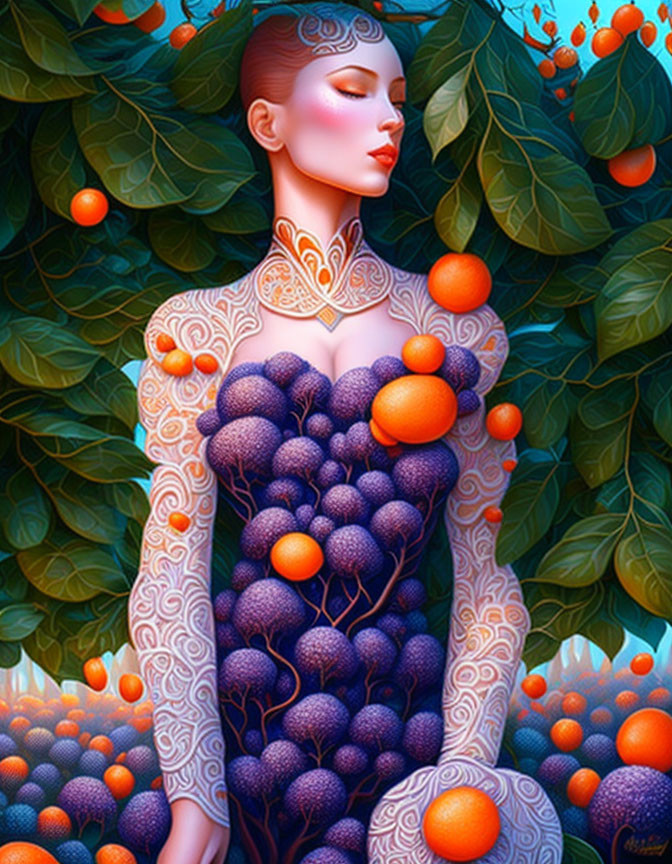 Stylized illustration of woman with intricate patterns among leaves and fruit in blue and orange hues