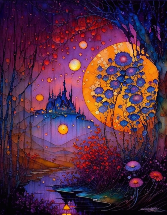 Colorful painting of moonlit night with yellow moon, castle silhouette, blue and purple trees.