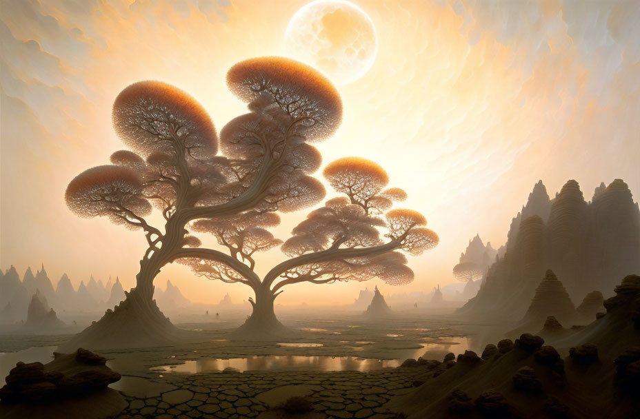 Fantasy landscape with mushroom-shaped trees and towering rock formations under a bright moon.