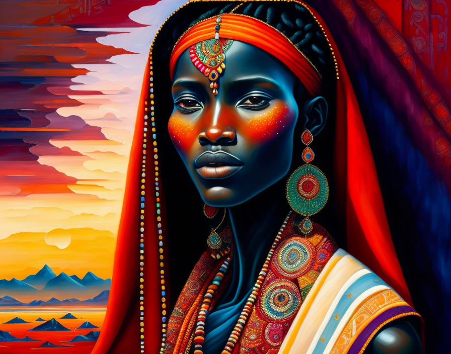 Vibrant woman in traditional attire against mountain sunset.