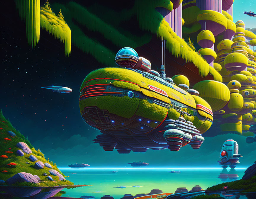 Futuristic alien landscape with greenery, floating ships, and towering structures