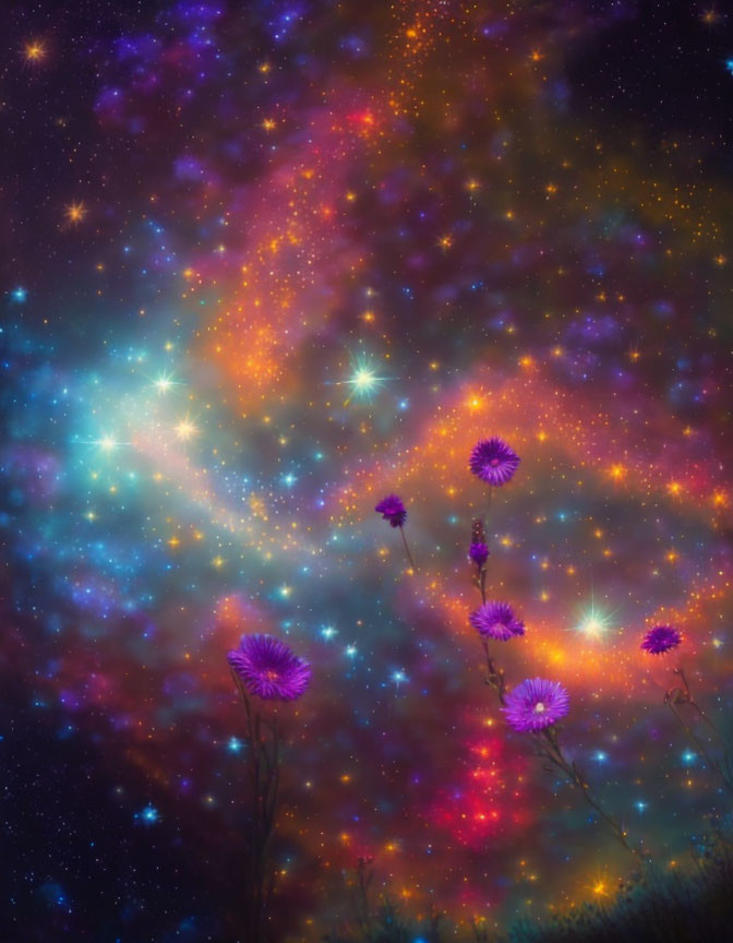 Vibrant Nebula Clouds in Purple, Blue, and Orange Starry Cosmos