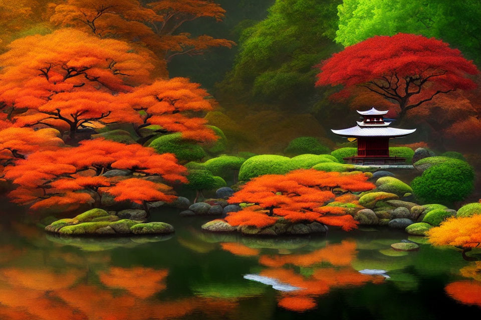 Tranquil Japanese garden with pagoda, colorful foliage, and serene pond