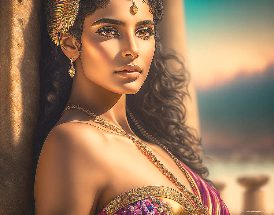 Traditional attire woman with elaborate jewelry and curly hair gazing into distance