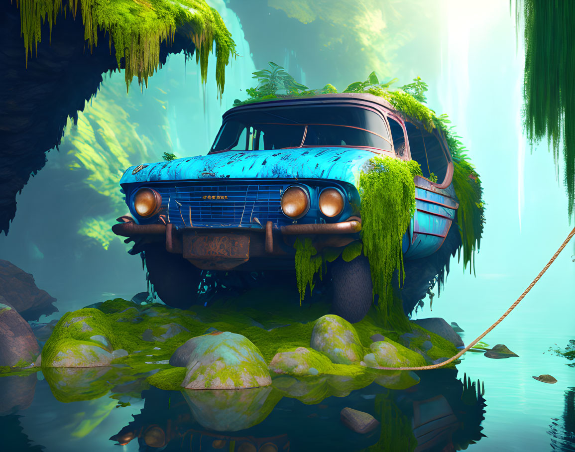 Overgrown moss-covered blue car in misty swamp with lush greenery