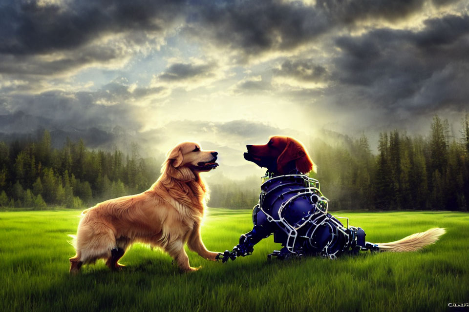 Golden Retriever and Bionic Dog Meet in Grassy Field