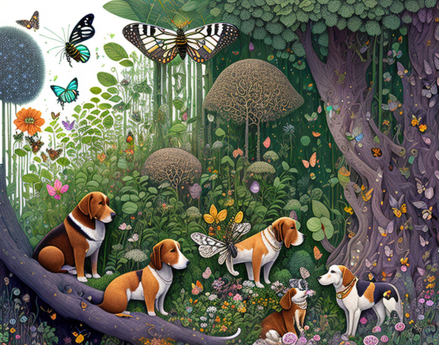 Three Beagle Dogs in Vibrant Fantasy Forest with Lush Plants