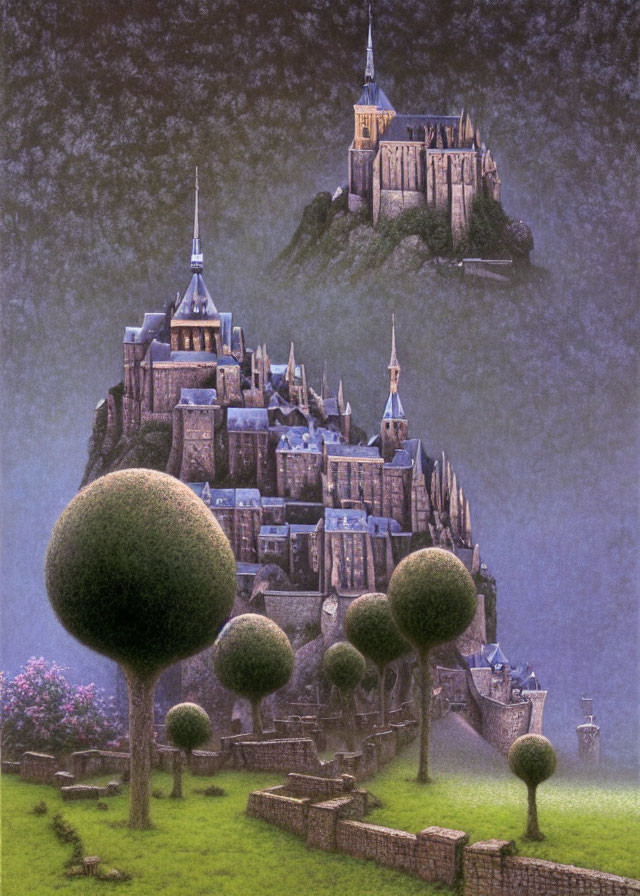 Illustrated fantasy castle on distant hill with oversized round trees in twilight