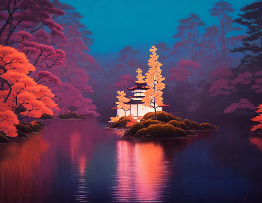 Pagoda on Islet Surrounded by Neon Pink Trees in Tranquil Scene