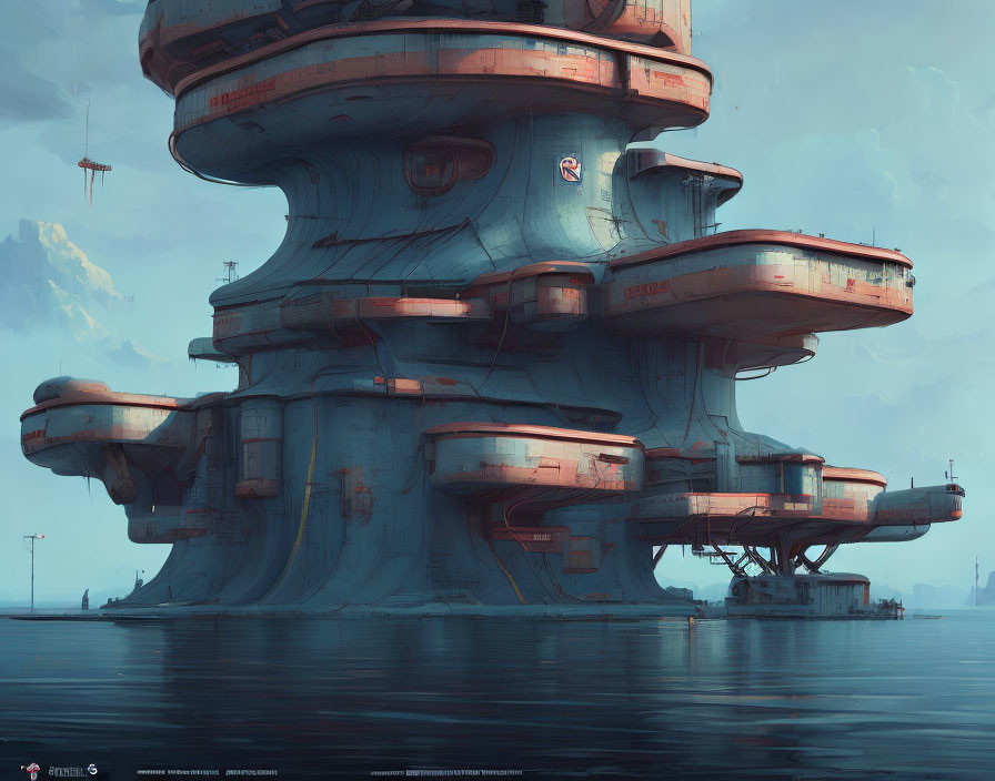 Futuristic multi-level offshore platform on calm ocean