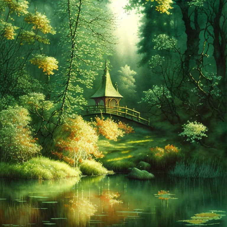 Tranquil forest gazebo by sunlit pond