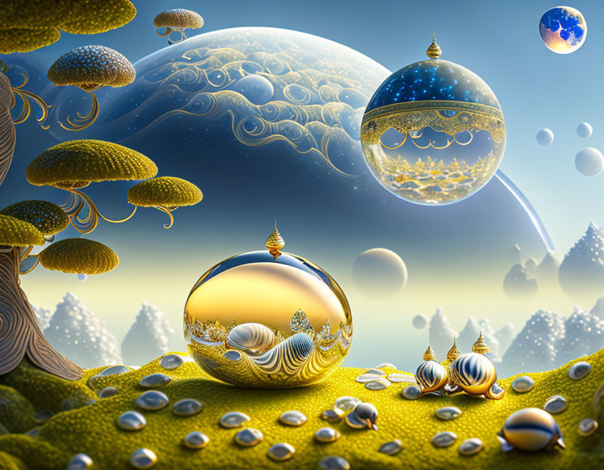 Fantastical Landscape with Yellow Mushroom Trees and Celestial Bodies