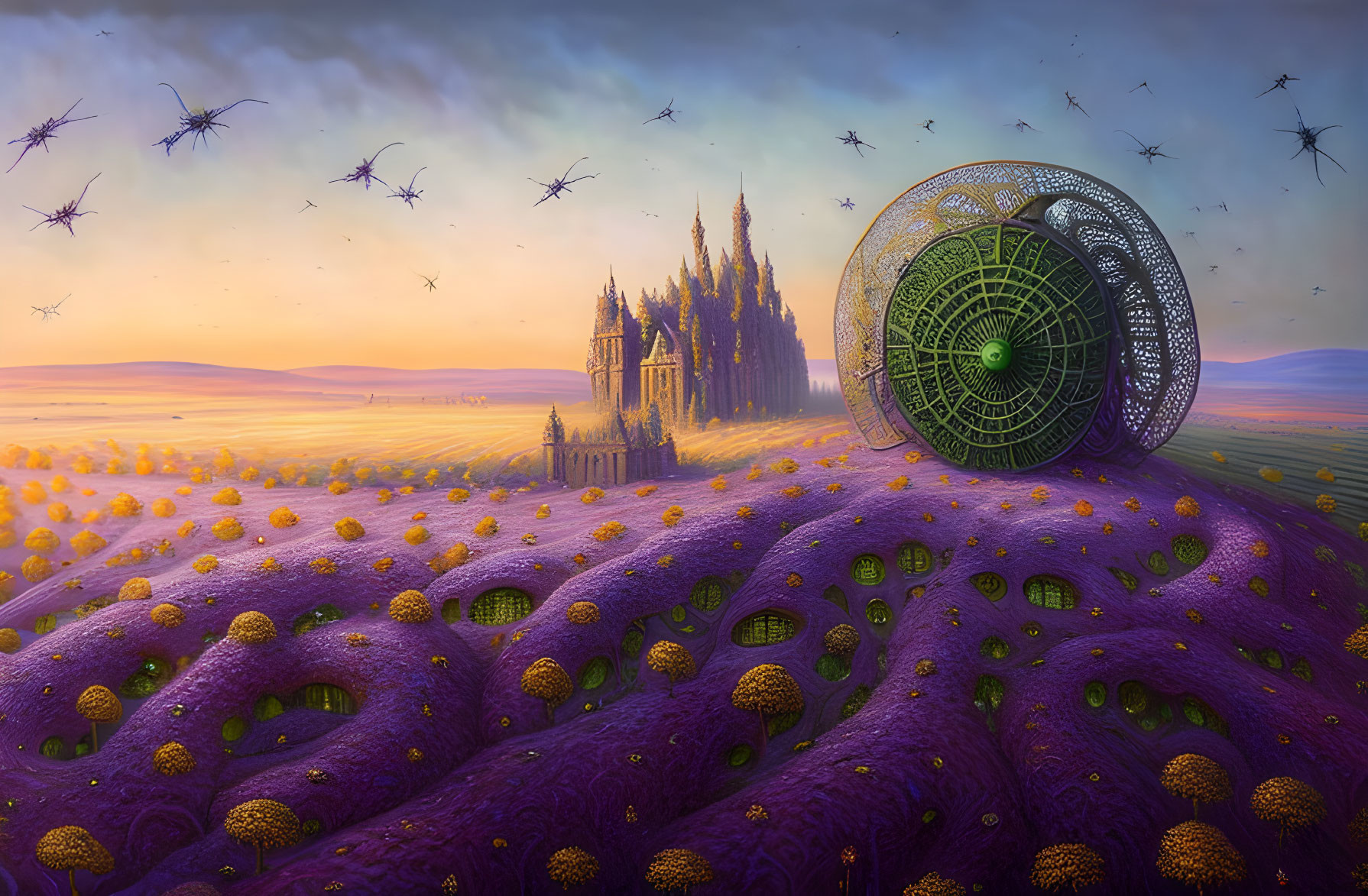 Purple rolling hills, golden spheres, gothic castle, flying creatures in twilight landscape