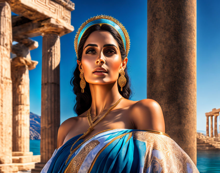 Ancient Greek-inspired regal woman near serene sea and pillars