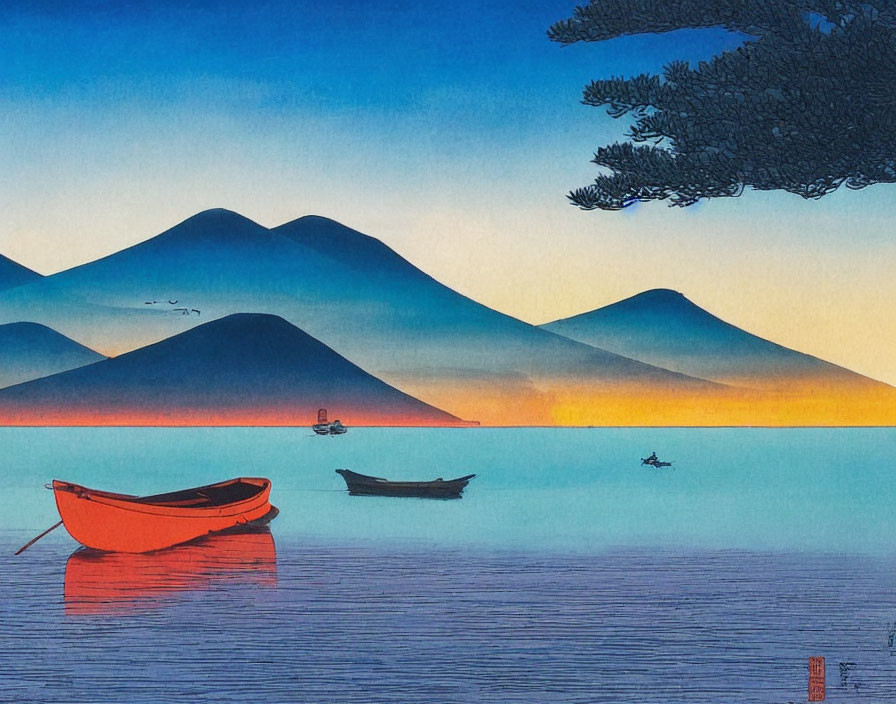 Tranquil sunset scene with two boats, mountains, and pine tree branch