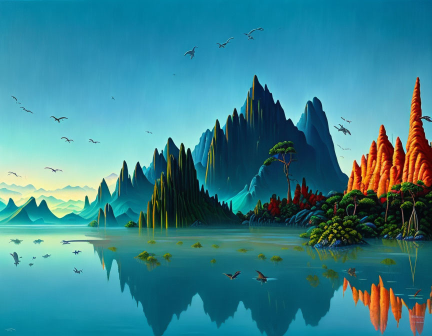 Tranquil landscape with reflective lake, towering mountains, colorful trees, and birds