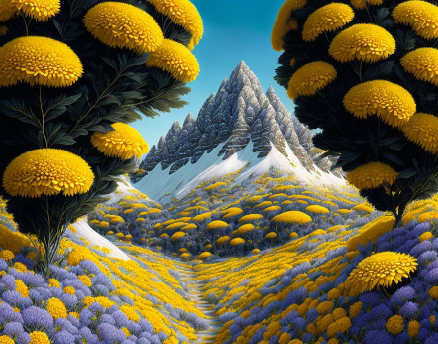 Colorful fantasy landscape with sunflower-like yellow and lavender flora leading to snow-capped mountains under a