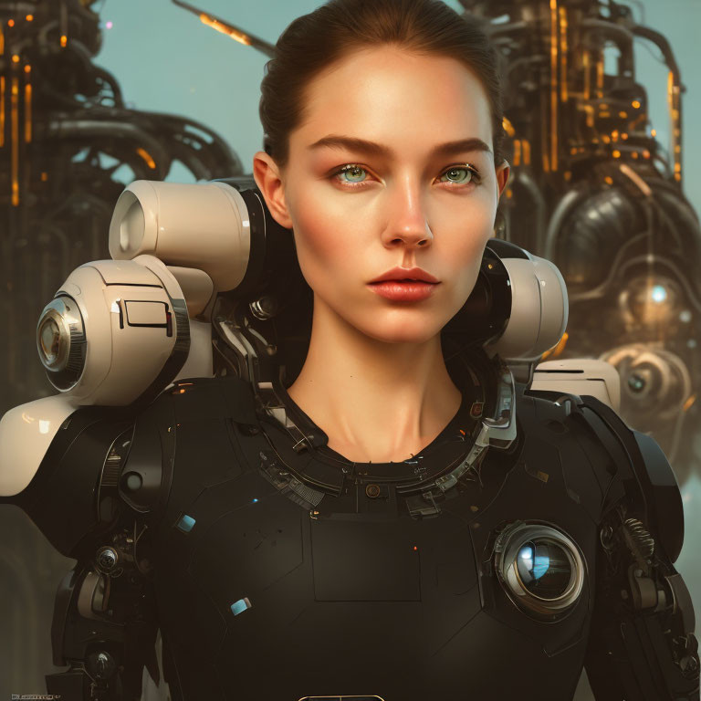 Digital portrait of woman with green eyes in robotic suit and mechanical background