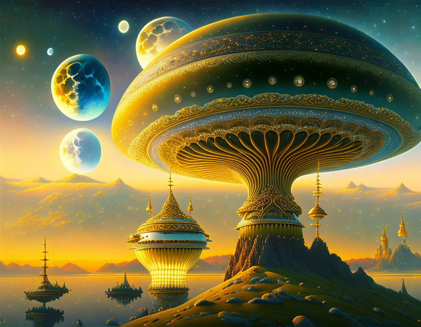 Fantastical landscape with mushroom-like structures and multiple moons.