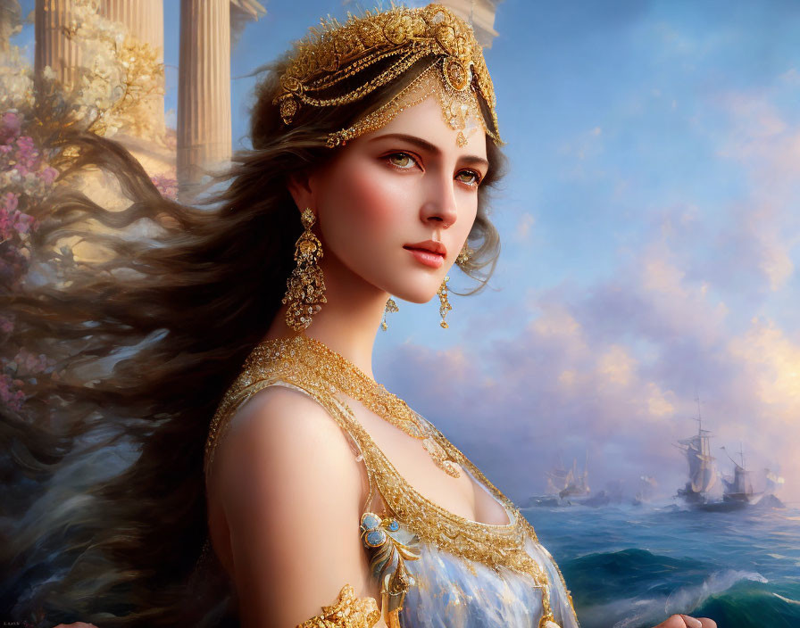 Regal woman with flowing hair and gold jewelry against seascape backdrop.