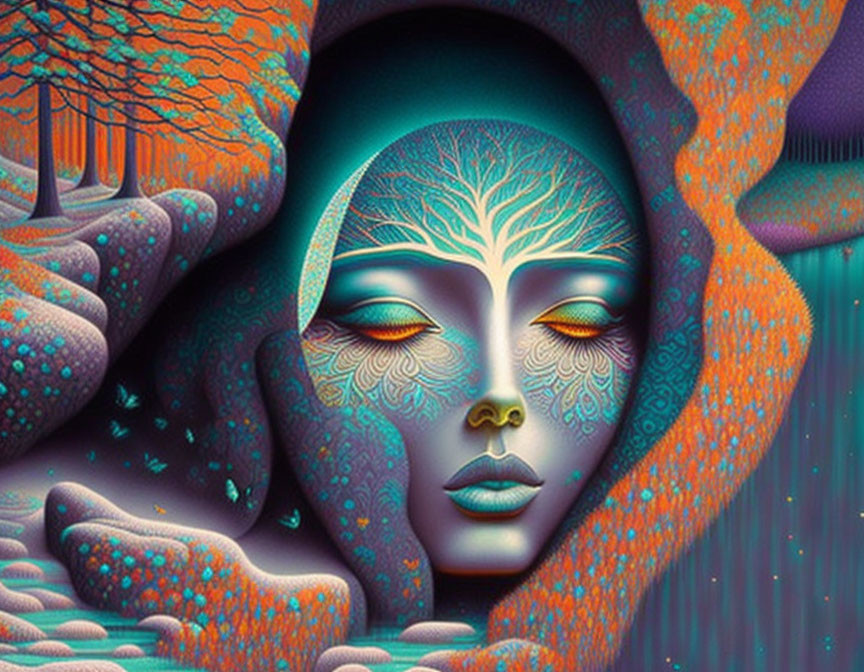 Illustration of woman's face merging with nature in surreal tree of life motif