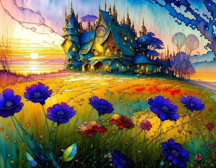 Whimsical sunset painting of a colorful castle and flowers