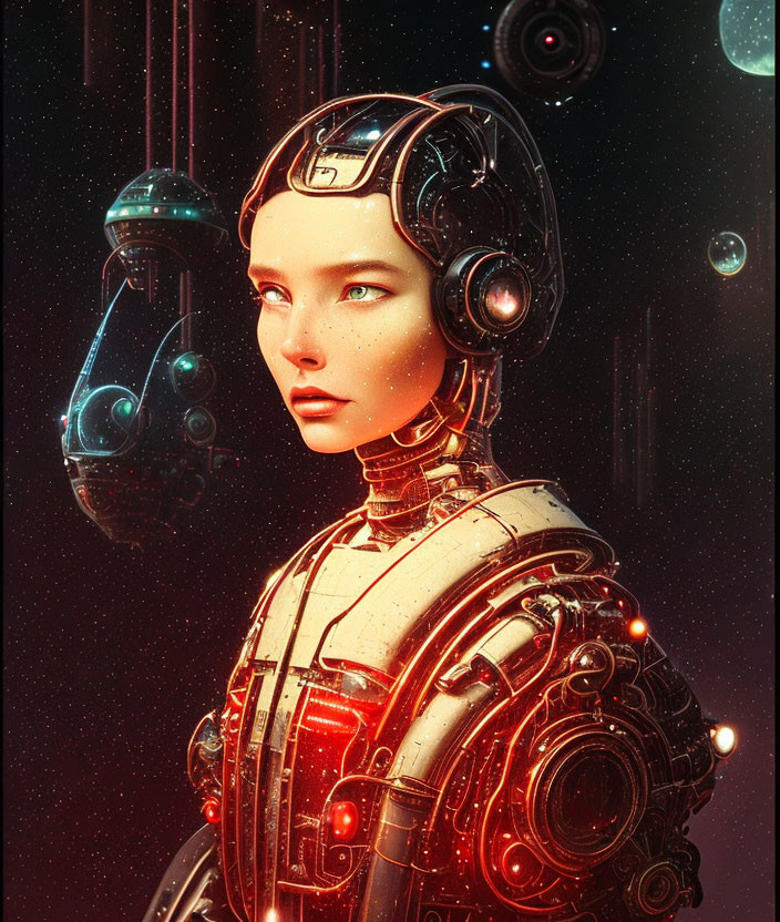 Robotic woman with glowing circuitry and mechanical orbs in futuristic setting