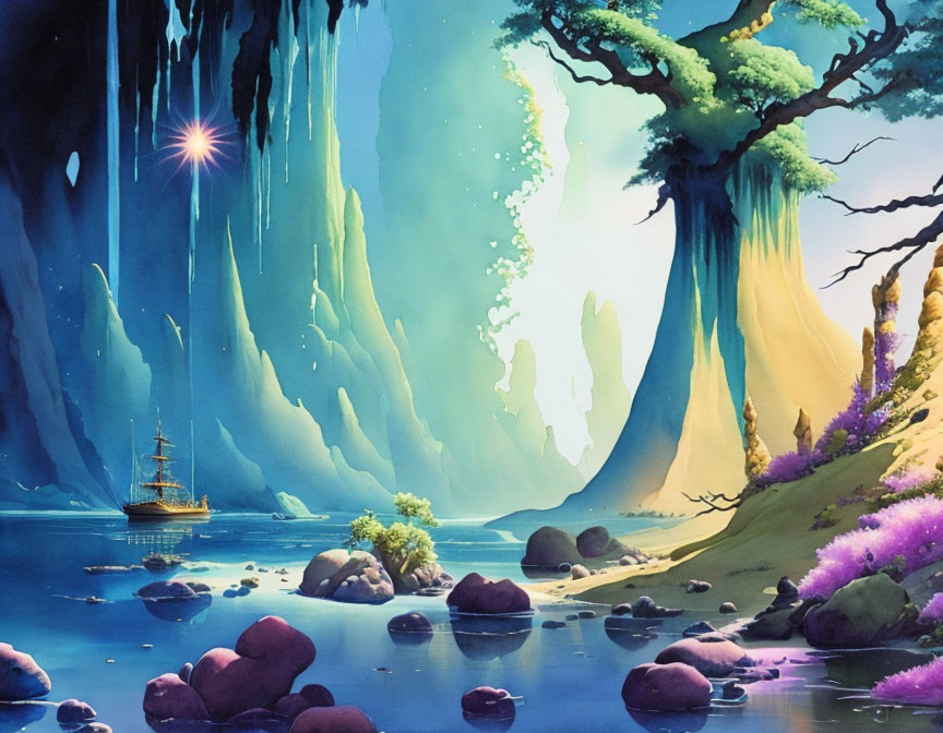 Colorful Fantasy Landscape with Tall Ship in Serene Lagoon