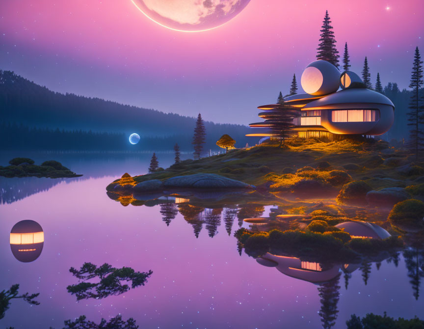 Futuristic house by a lake under a pink sky with two moons, pine trees, mossy