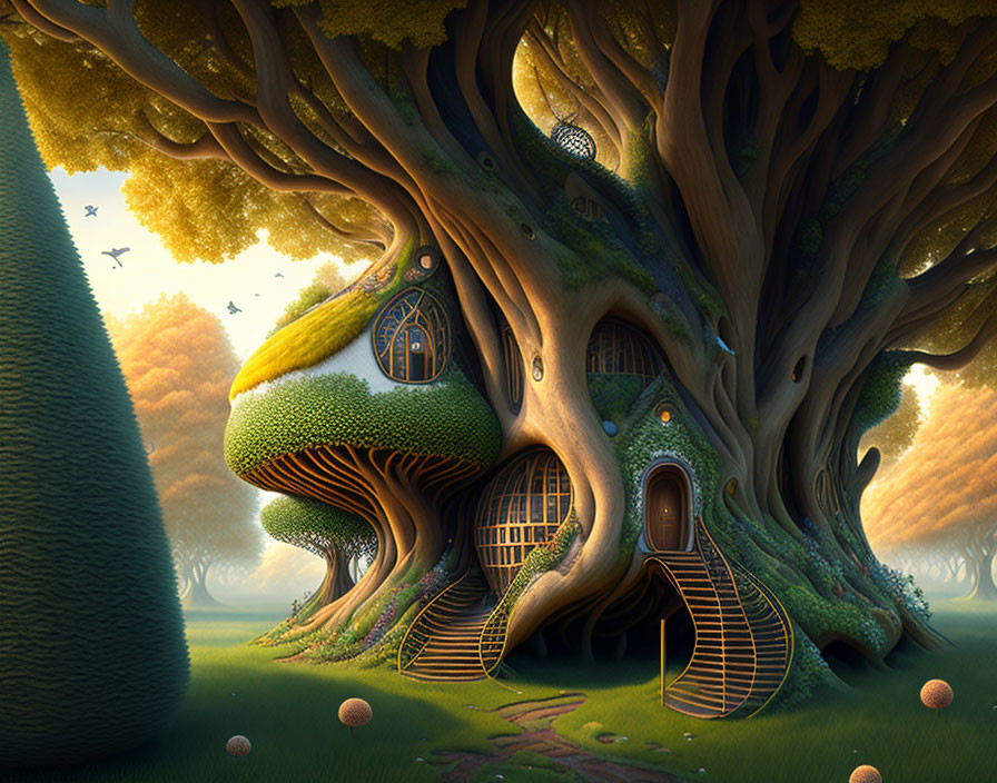 Fantasy treehouse illustration in magical forest with curved stairways