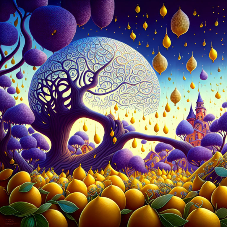 Golden-lit whimsical landscape with lemon-shaped trees, brain-like tree pattern, and distant castle under