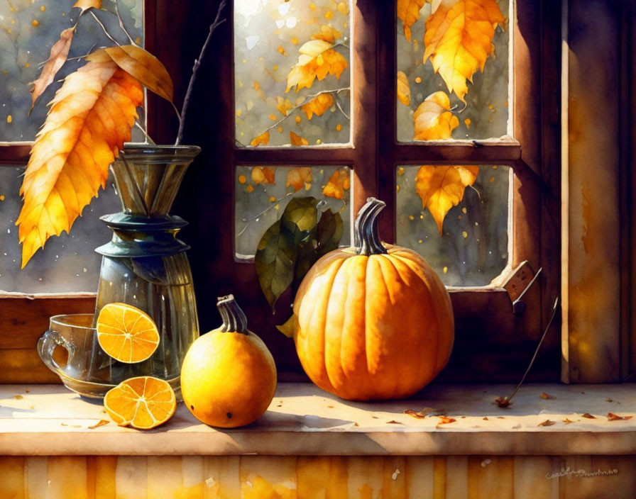 Autumnal still life with pumpkins, oranges, glass cup, and vase by window.