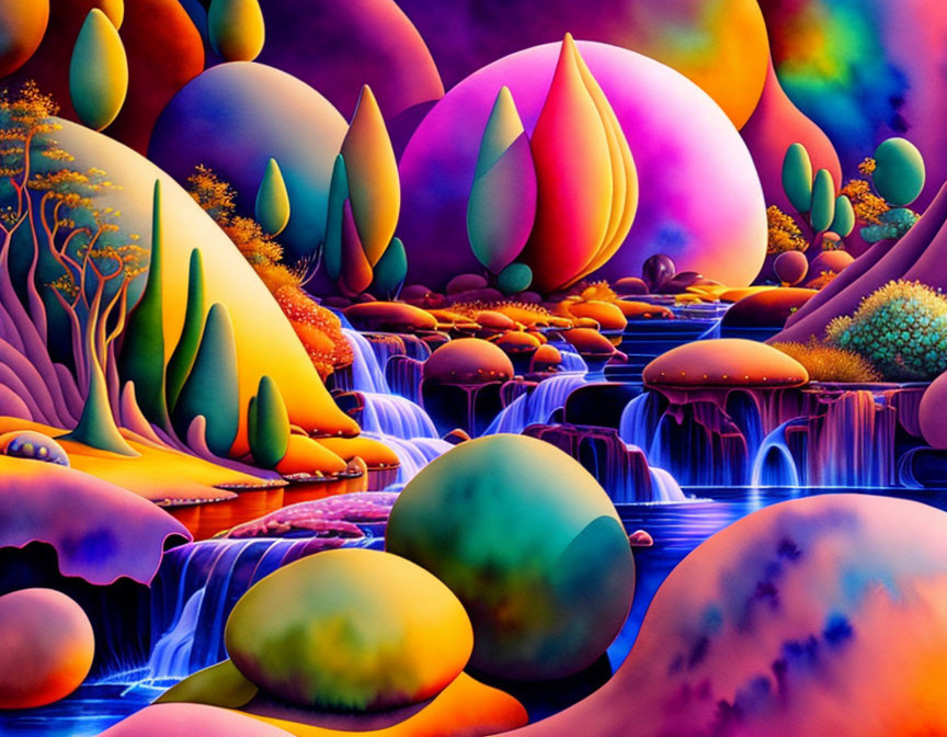 Colorful Fantasy Landscape with Waterfalls, Whimsical Trees, and Purple Sky