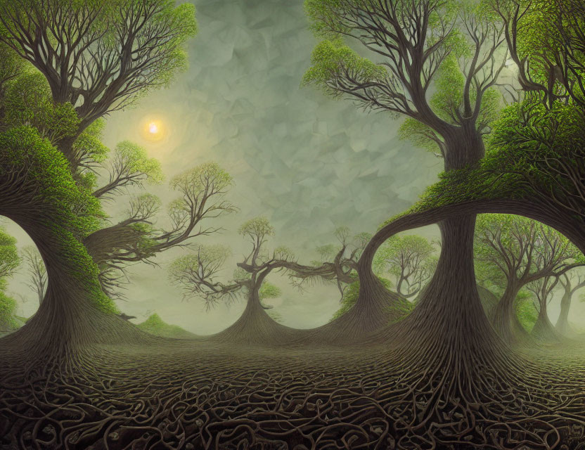 Twisted trees and vibrant green foliage in dreamlike forest