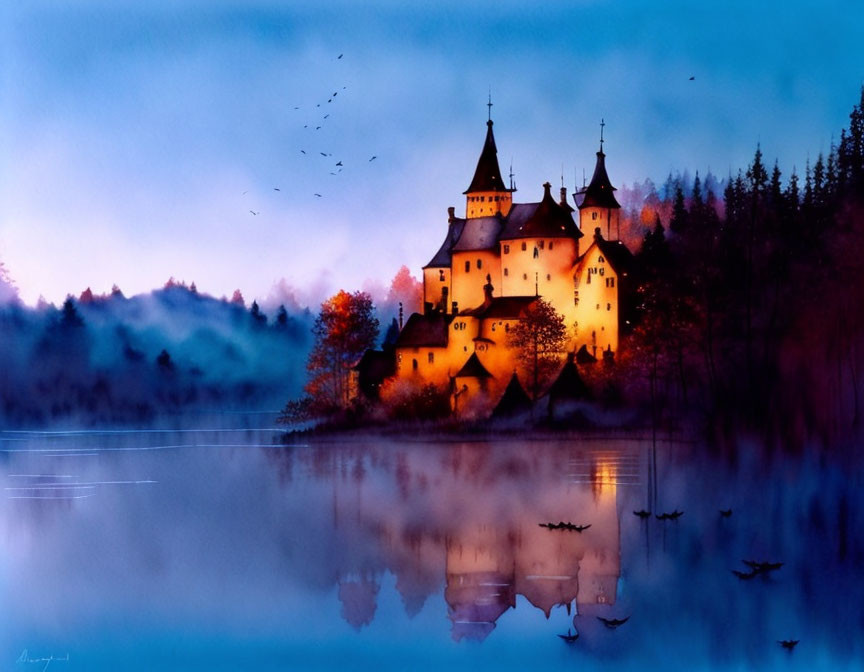 Illustrated castle at dusk with warm lights, reflecting on tranquil lake surrounded by silhouetted trees