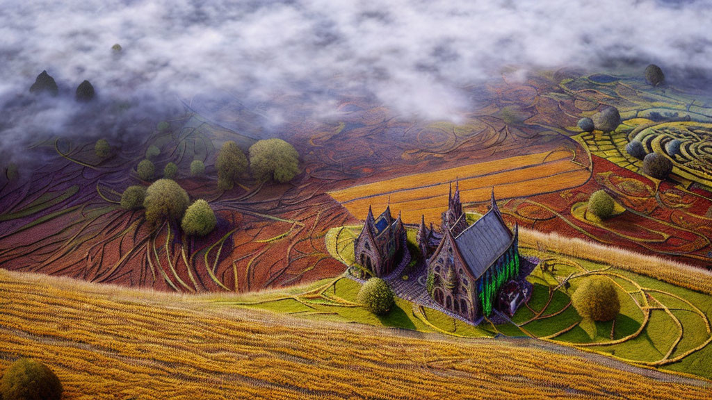 Gothic church in fog with colorful farmland and trees.