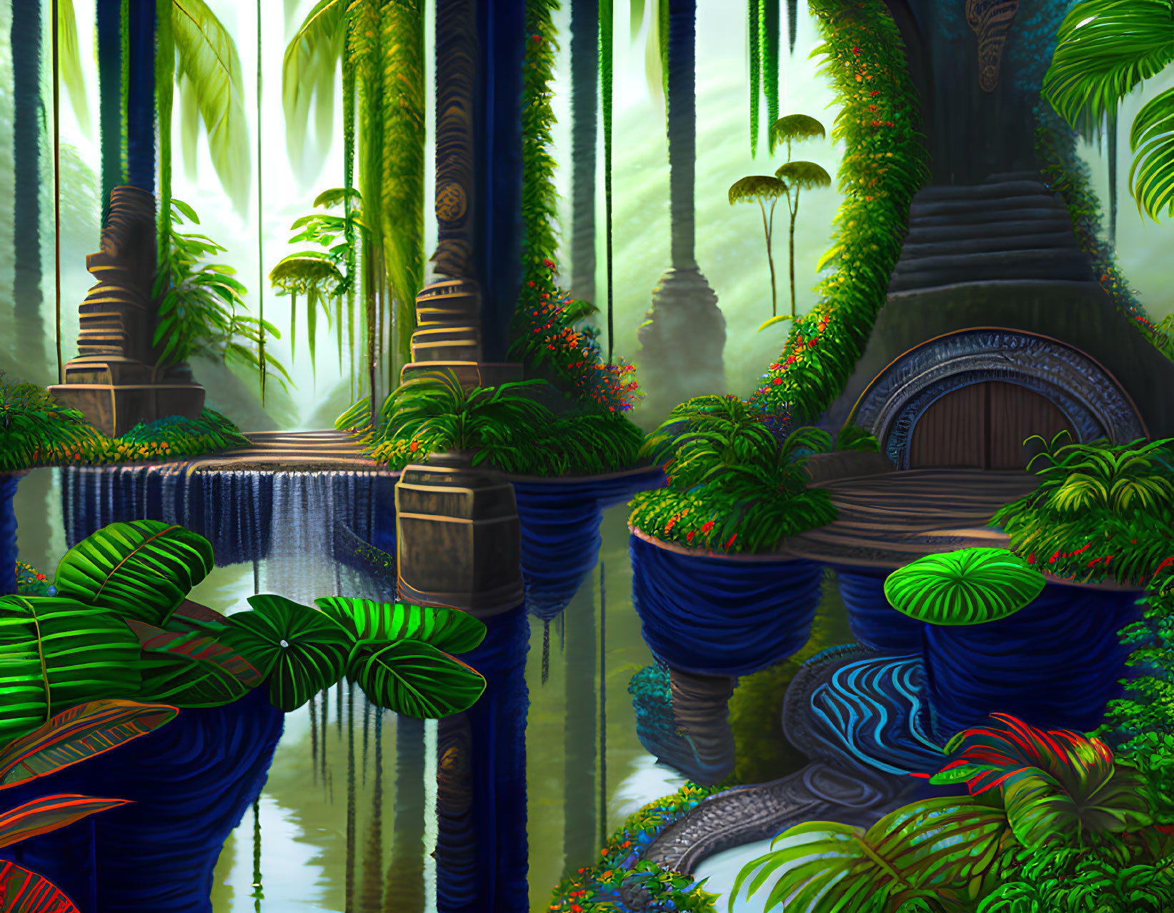 Enchanted jungle scene with river, ruins, and mist