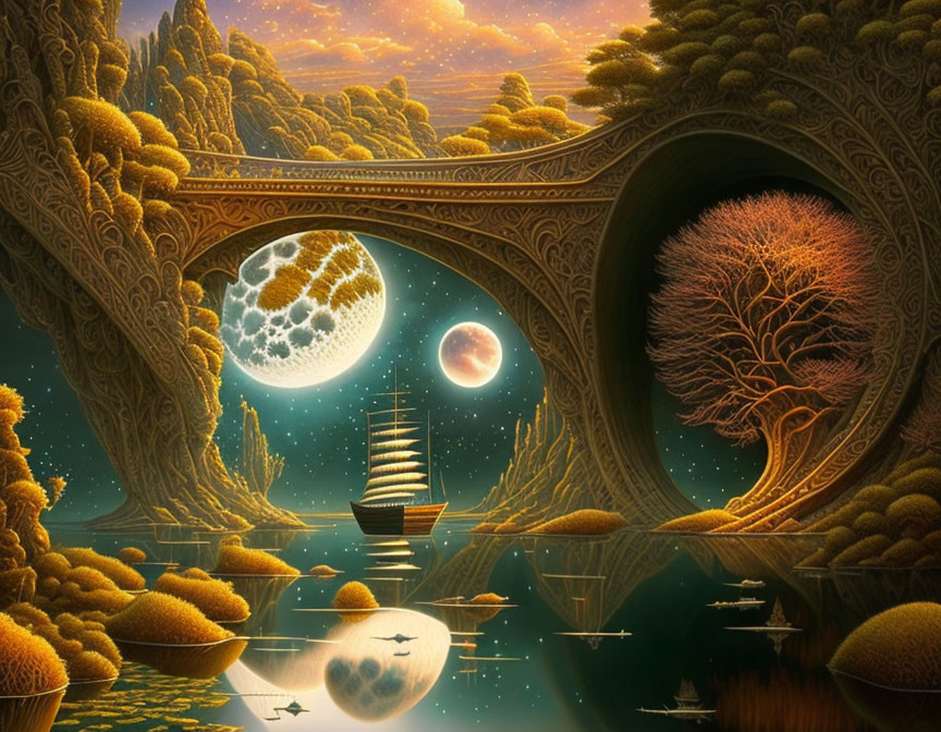 Fantastical landscape with ornate bridge, glowing moon, lone ship, and starry skies