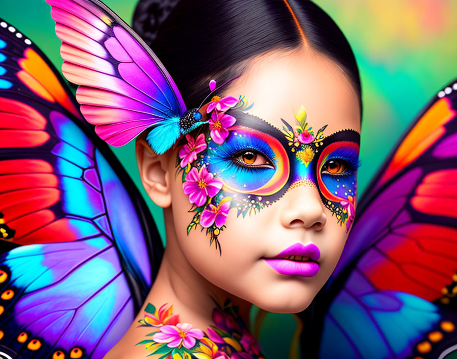 Girl with Butterfly Makeup and Wings in Colorful Setting