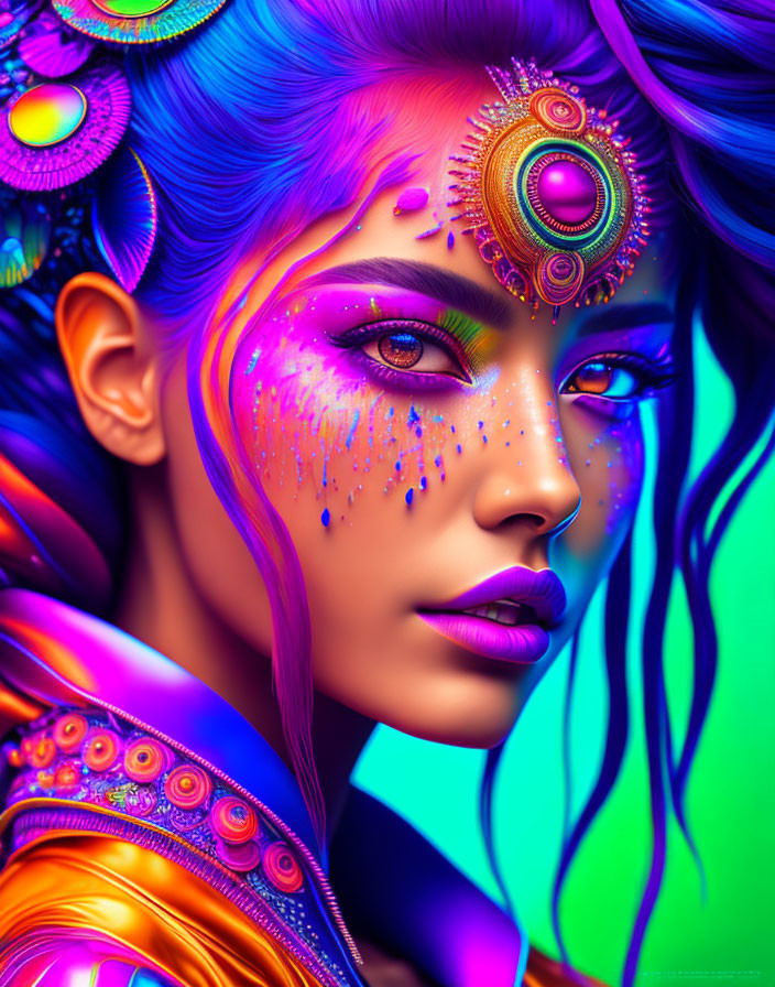 Colorful digital portrait of woman with purple skin and gold jewelry