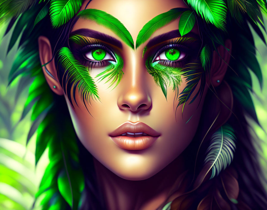 Digital artwork: Woman with green eyes and leaf-like makeup, nature-inspired theme