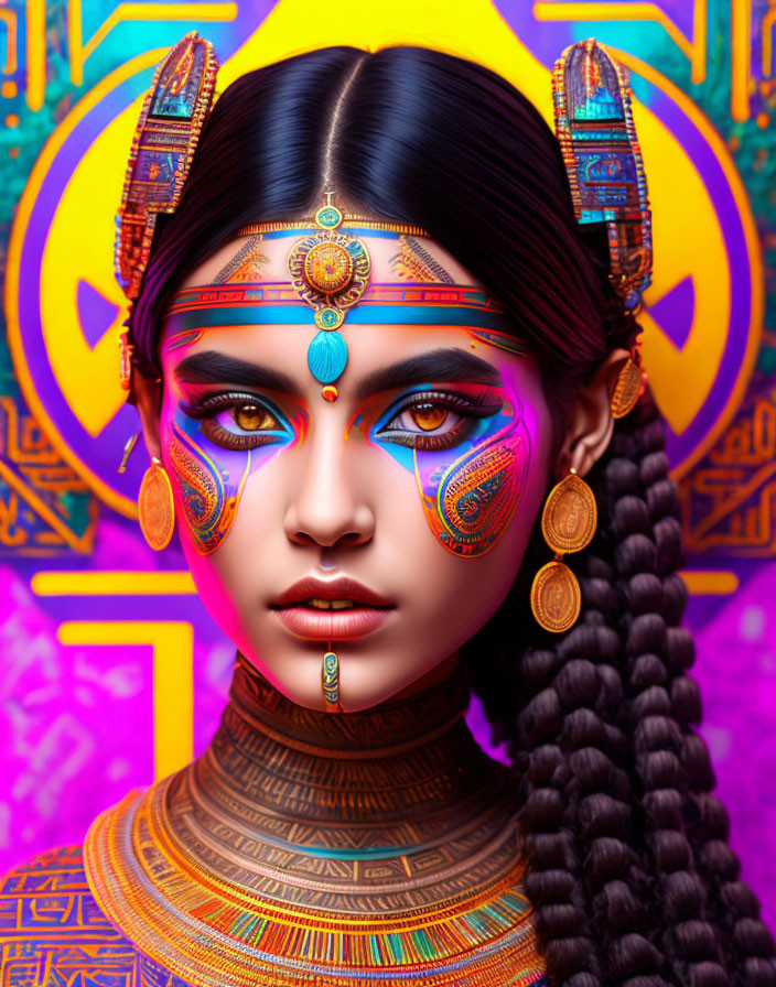 Colorful portrait of woman with cultural makeup and adornments