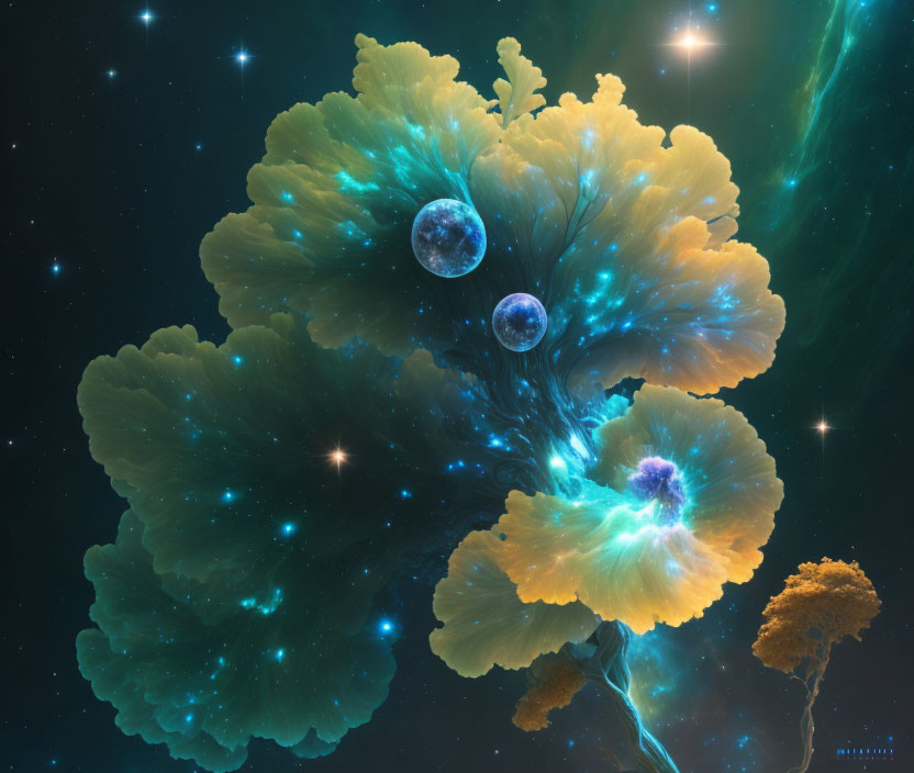 Colorful digital artwork featuring coral-like structures, planets, and stars.