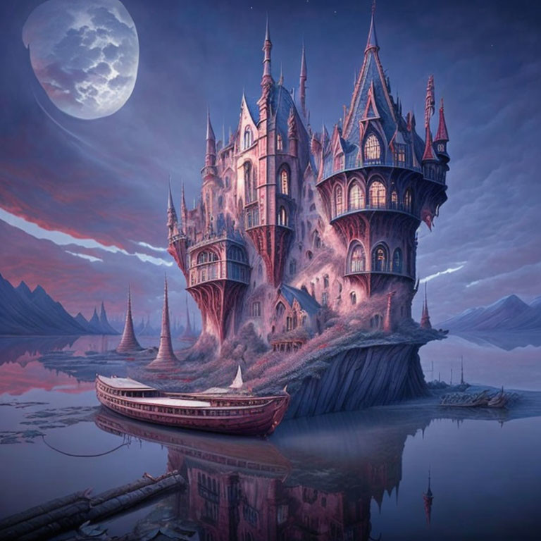 Majestic fantasy castle with spires on cliff beside calm lake