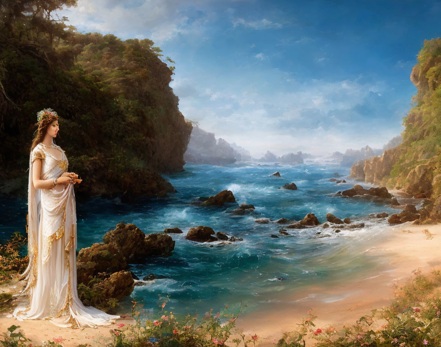 Classically dressed woman on beach gazes at serene sea and rocky cliffs