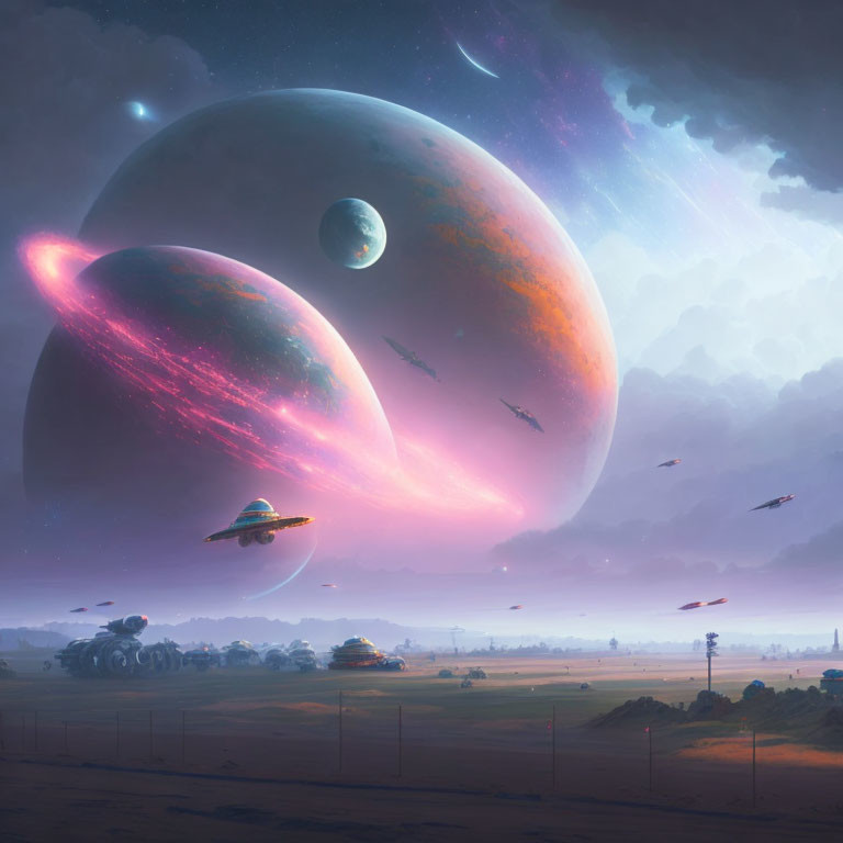 Giant planets, spaceships, and serene countryside in surreal landscape