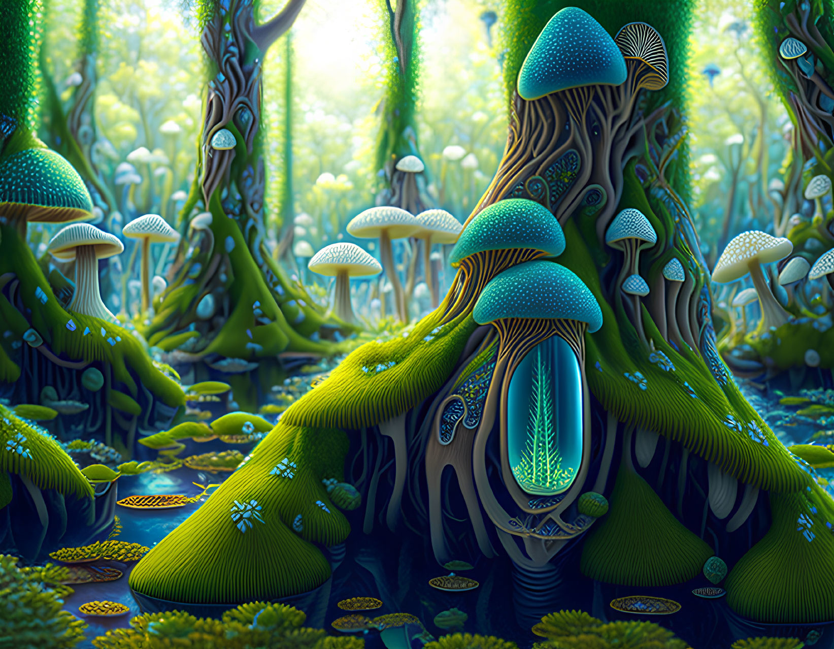 Fantastical forest scene with luminescent blue mushrooms and lush greenery